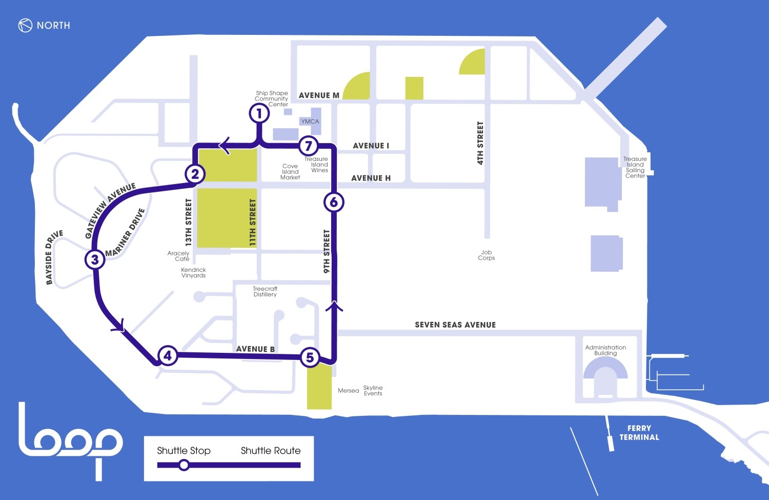 A map of Treasure Island, with north pointing up and to the left. The Loop shuttle route is shown in dark blue with stops at the following locations: (1) Ship Shape Community Center, (2) 13th Street at Avenue H, (3) Gateview Avenue at Mariner Drive, (4) Avenue B near Gateview Avenue, (5) Avenue B at Chinook Court, (6) 9th Street at Avenue H, and (7) Avenue I at the YMCA.